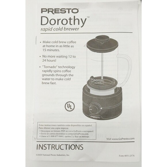 Presto Rapid Cold Brew Coffee Maker Dorothy Speed Control Power Base Cord NWOT - Picture 11 of 14